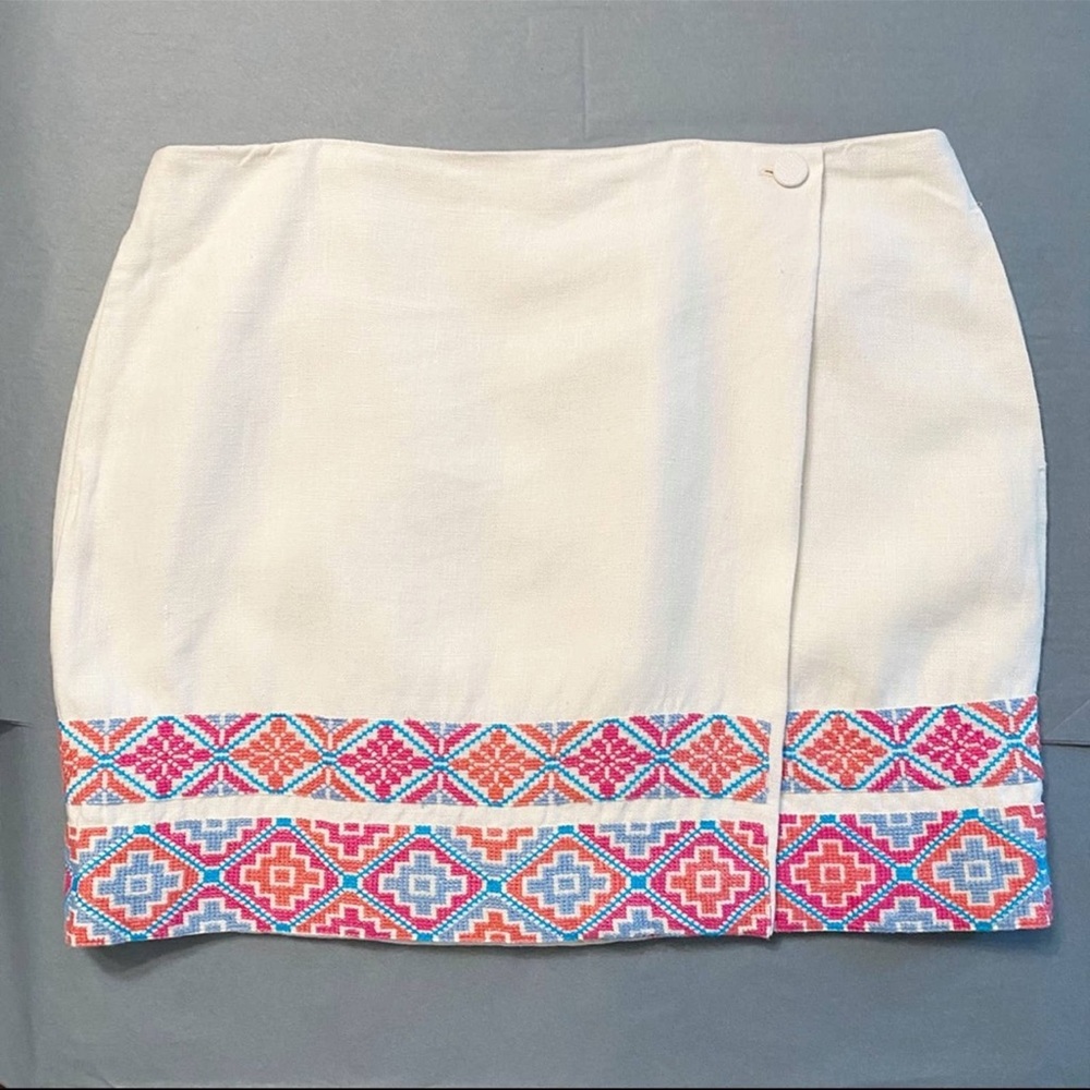 Tory Burch Ivory Embroidered Ruby Linen Faux Wrap Skirt - Picture 2 of 11